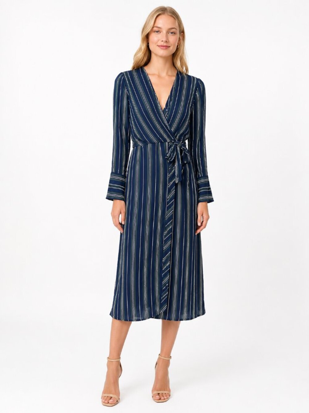 2/$30 ZARA Striped Faux Wrap Shirt Dress Navy Green Button-Down Self Tie #6191